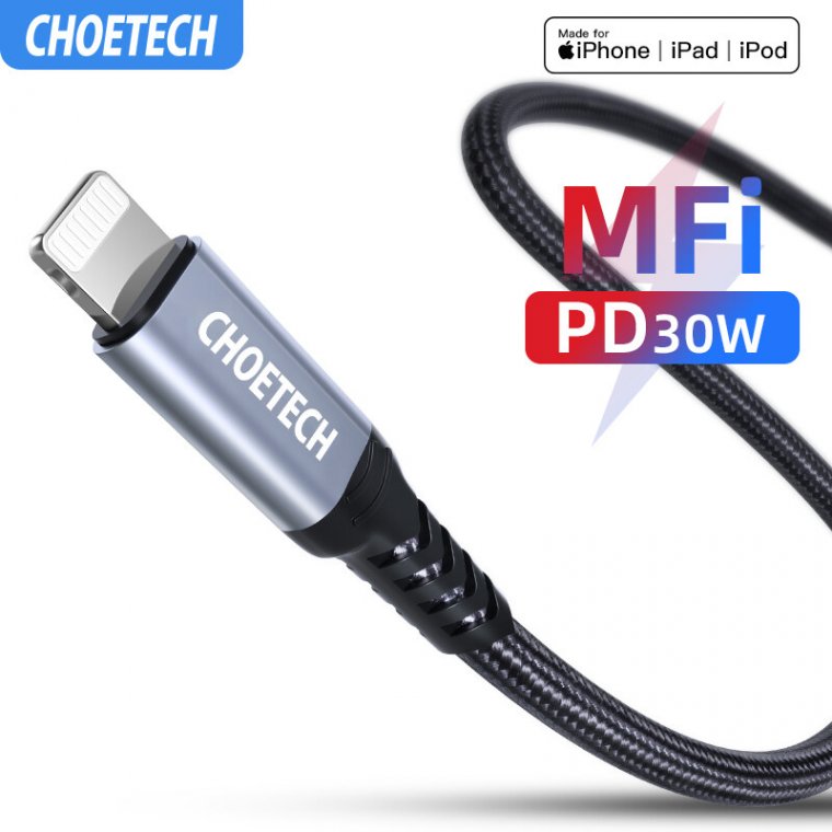 CHOETECH IP0039 1.2m type-c to lightning MFI nylon braid cable – GRAY (CTIP0039-GY)