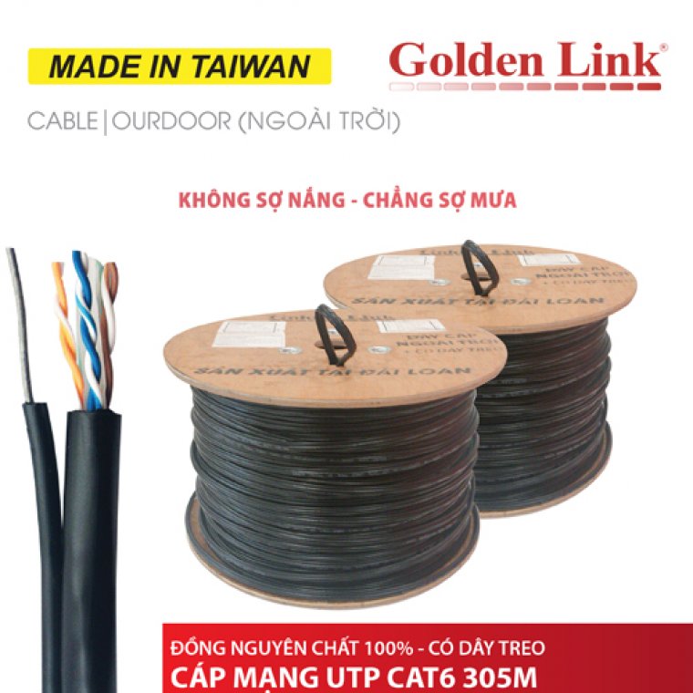 CÁP MẠNG GOLDEN LINK UTP CAT6 305M (ĐỒNG NGUYÊN CHẤT 100% - CÓ DÂY TREO)