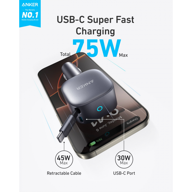 Tẩu sạc ô tô Anker Nano 1C 75W (Built-In Retractable USB-C Cable) Xám (Gray) – Mã: B2B_A2738