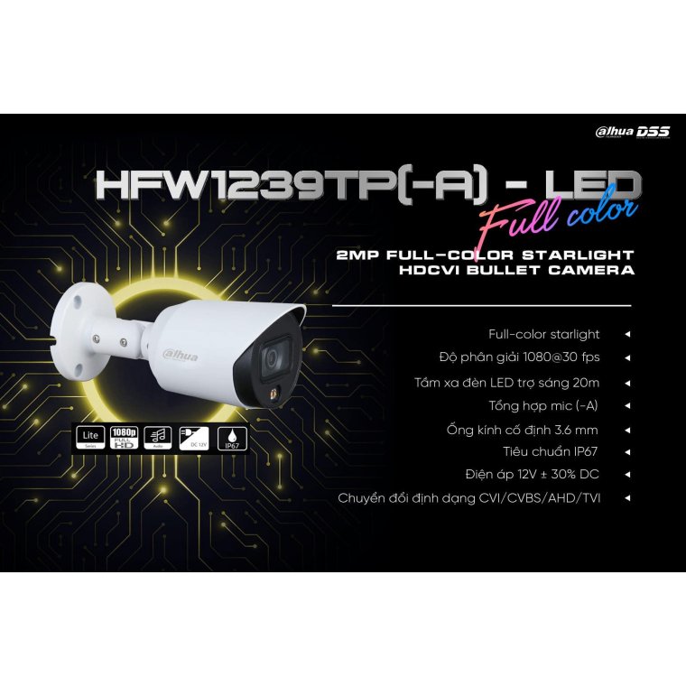 Camera HDCVI 2MP Full Color DAHUA DH-HAC-HFW1239TP-A-LED-S2 (KBT)