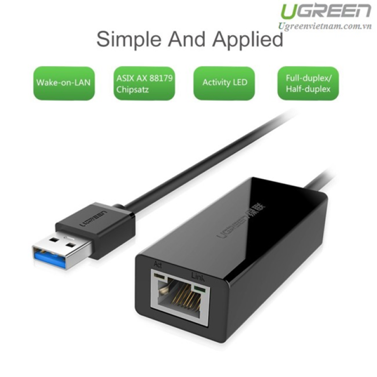 Cáp chuyển USB ra LAN (USB 3.0) hỗ trợ 10/100/1000 Mbps màu Đen (CR111) Ugreen 20256	