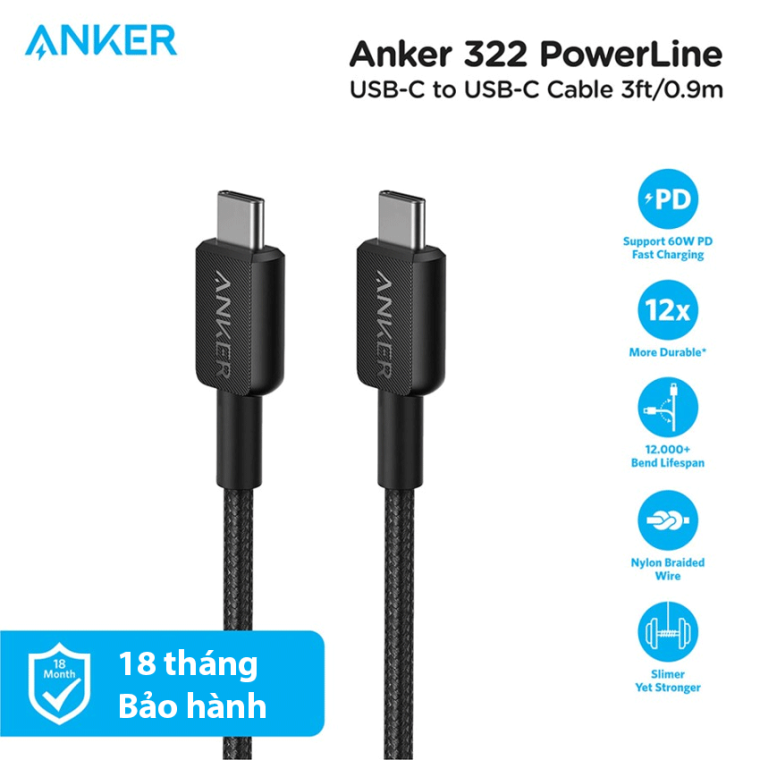 Cáp sạc Anker 322 C-L 0.9m Nylon Đen (Black) B2B_A81B5