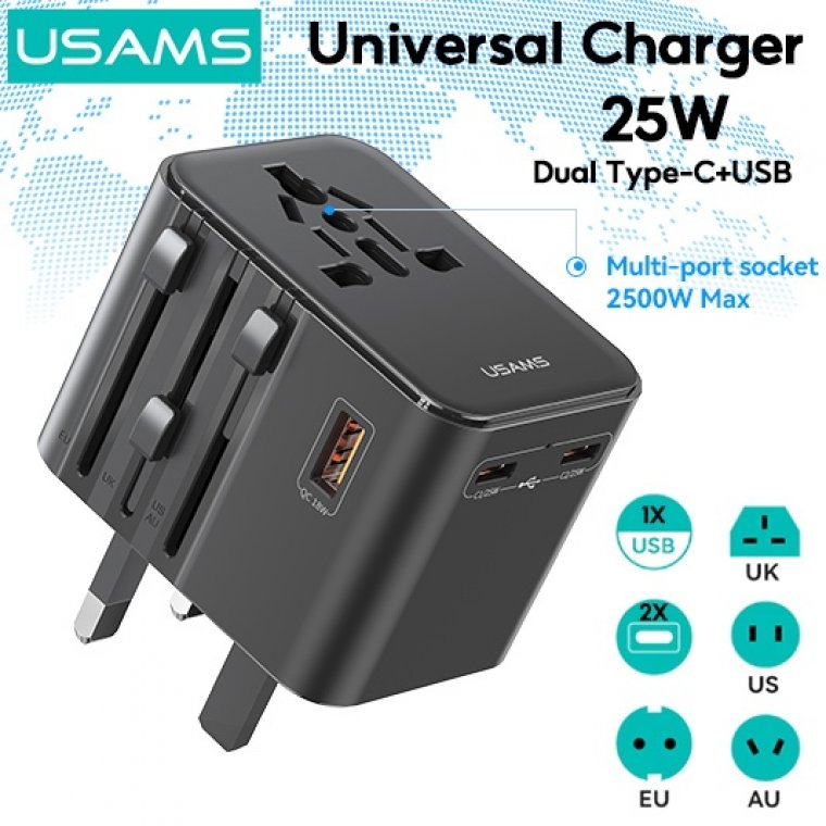 USAMS CC309 25W Dual Type-C + USB Universal Travel Charger(US/AU/UK/EU) – Black (USM140-AK-BK)