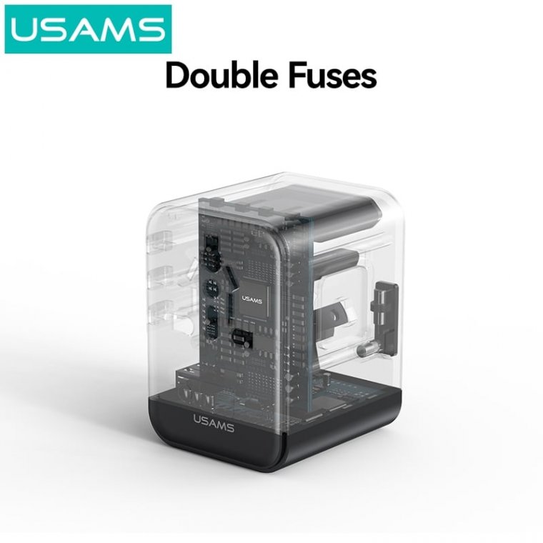 USAMS CC309 25W Dual Type-C + USB Universal Travel Charger(US/AU/UK/EU) – Black (USM140-AK-BK)