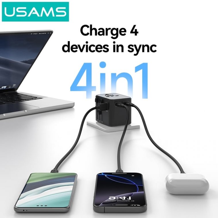 USAMS CC309 25W Dual Type-C + USB Universal Travel Charger(US/AU/UK/EU) – Black (USM140-AK-BK)