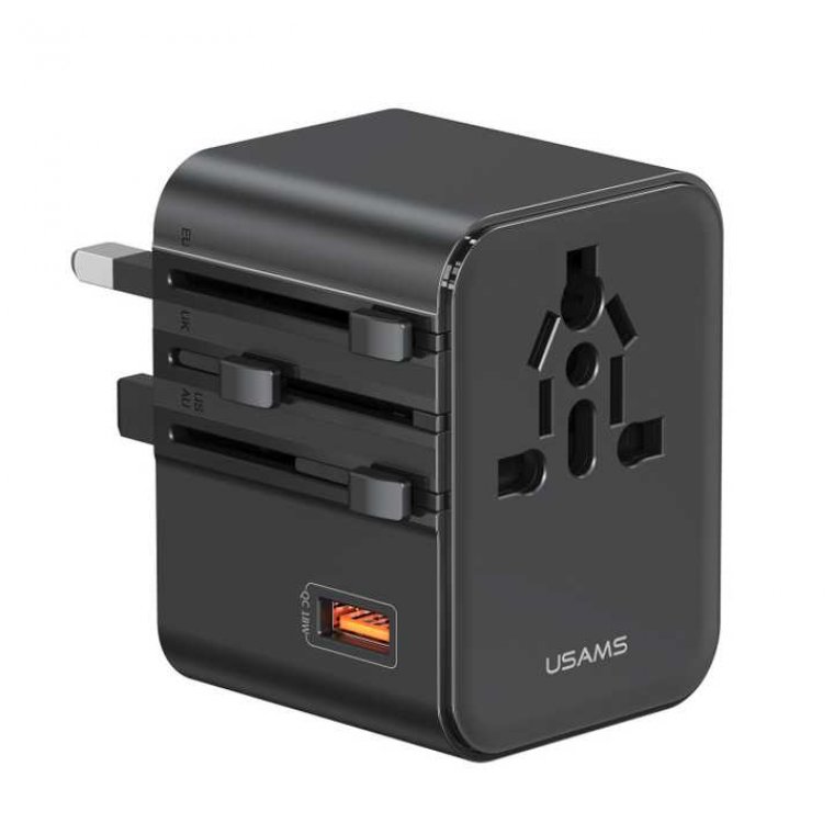 USAMS CC309 25W Dual Type-C + USB Universal Travel Charger(US/AU/UK/EU) – Black (USM140-AK-BK)