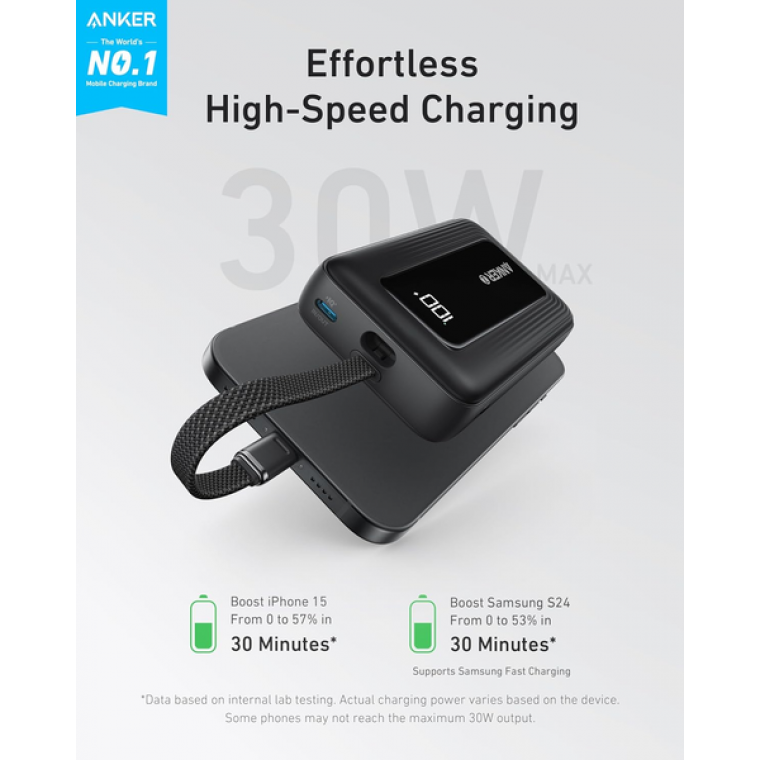 Sạc dự phòng Anker Zolo 1A1C 30W 10000mAh (Built-In USB-C and Lightning) Đen (Black) B2B_A1680H11