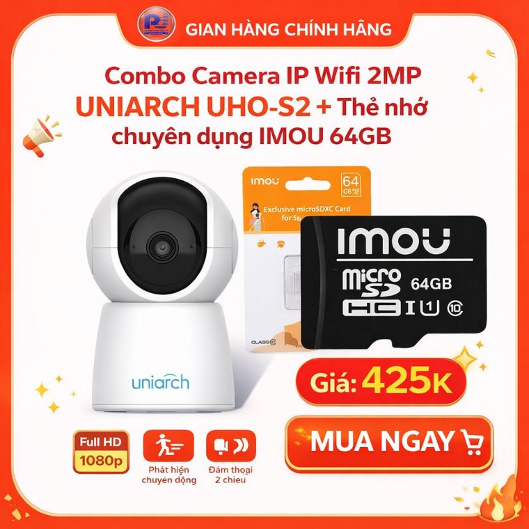 Combo Camera IP Wifi UNIARCH UHO-S2 2MP Kèm Thẻ Nhớ IMOU 64GB | Phù Hợp Nhà & Cửa Hàng