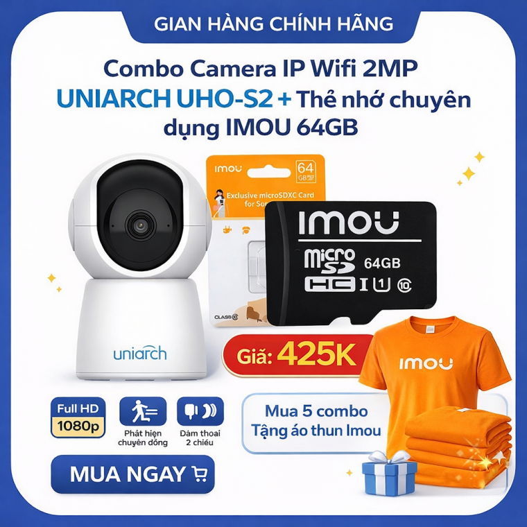 Combo Camera IP Wifi UNIARCH UHO-S2 2MP Kèm Thẻ Nhớ IMOU 64GB | Phù Hợp Nhà & Cửa Hàng