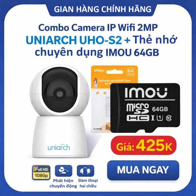 Combo Camera IP Wifi UNIARCH UHO-S2 2MP Kèm Thẻ Nhớ IMOU 64GB | Phù Hợp Nhà & Cửa Hàng