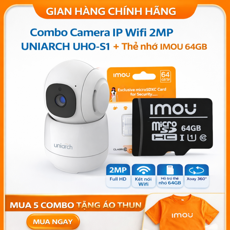 Combo Camera Wifi 2MP UNIARCH UHO-S1 + Thẻ Nhớ IMOU 64GB | Quan Sát 24/7 | Chính Hãng