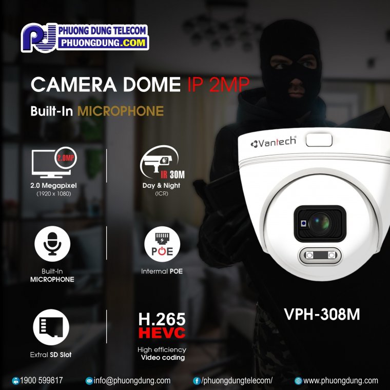 Camera IP Dome hồng ngoại 2.0 Megapixel VANTECH VPH-308M