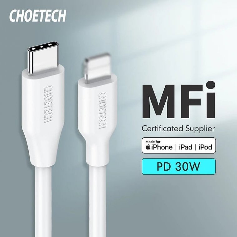 CHOETECH IP0040 USB-C to Lightning Cable TPE PD18/30W ast cable 1.2m – WHITE (CTIP0040-WH)